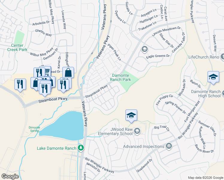 map of restaurants, bars, coffee shops, grocery stores, and more near 1999 Wind Ranch Road in Reno