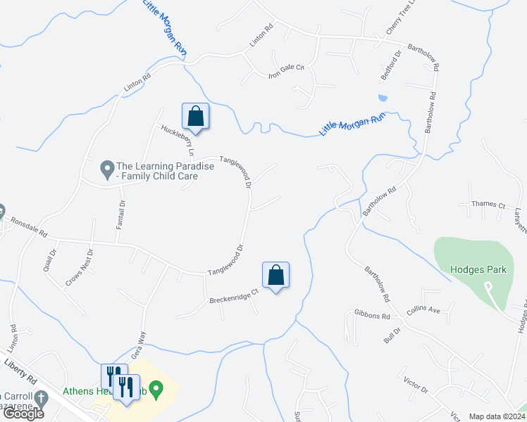 map of restaurants, bars, coffee shops, grocery stores, and more near 624 Falmouth Court in Sykesville