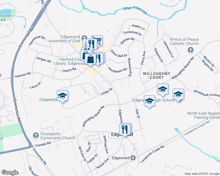 map of restaurants, bars, coffee shops, grocery stores, and more near 2808 Edgewood Road in Edgewood