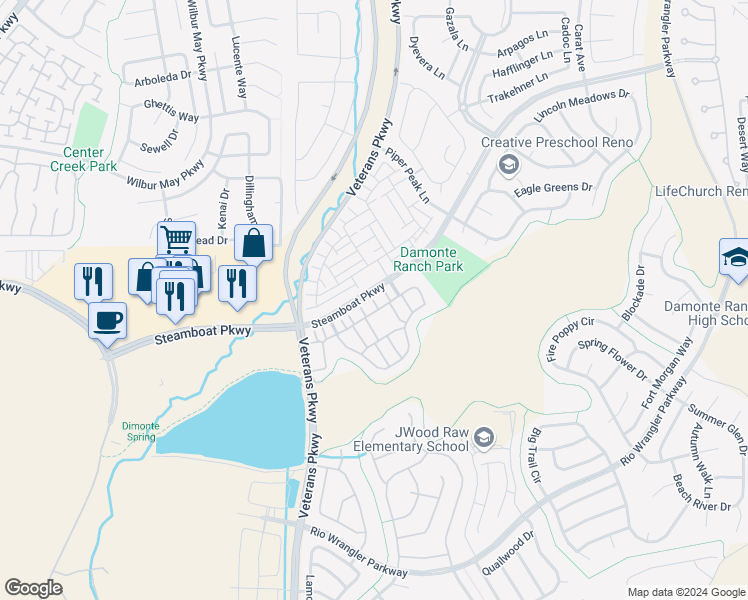 map of restaurants, bars, coffee shops, grocery stores, and more near 1851 Steamboat Parkway in Reno