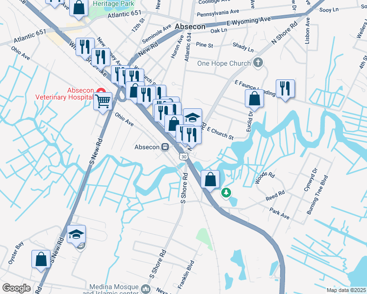 map of restaurants, bars, coffee shops, grocery stores, and more near 102 New Jersey Avenue in Absecon
