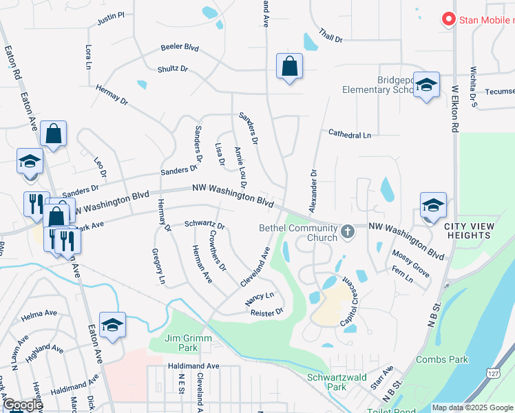 map of restaurants, bars, coffee shops, grocery stores, and more near 1866 Northwest Washington Boulevard in Hamilton