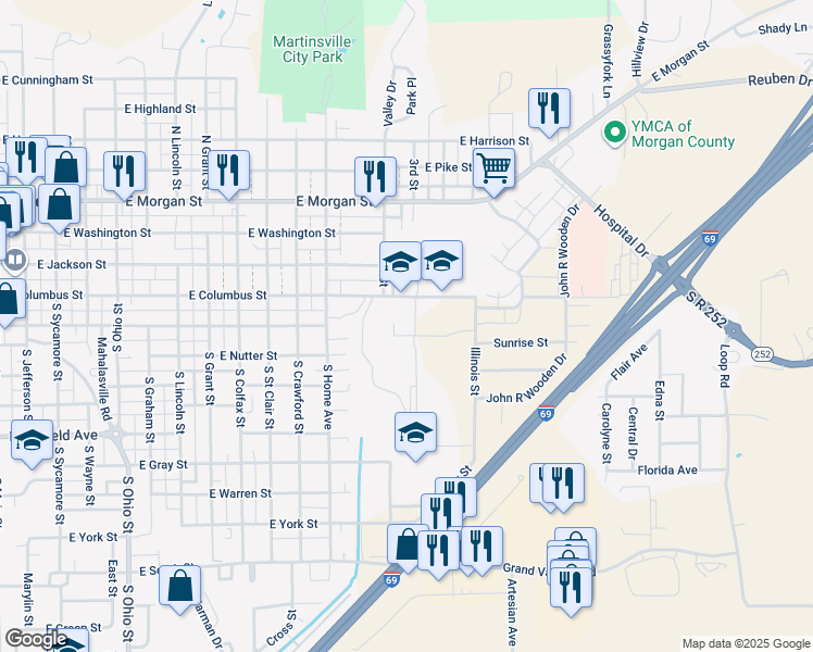 map of restaurants, bars, coffee shops, grocery stores, and more near 1359 East Columbus Street in Martinsville