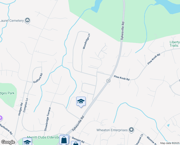 map of restaurants, bars, coffee shops, grocery stores, and more near 1518 Woodridge Lane in Sykesville