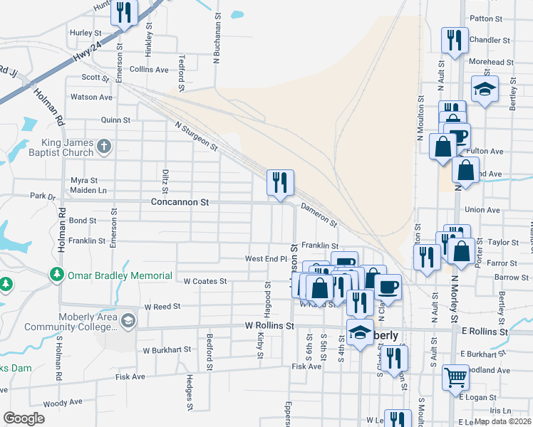 map of restaurants, bars, coffee shops, grocery stores, and more near 720-798 Concannon St in Moberly