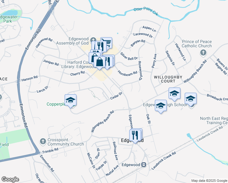 map of restaurants, bars, coffee shops, grocery stores, and more near 6206 Baker Circle in Edgewood