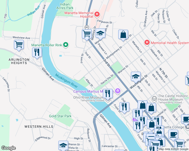map of restaurants, bars, coffee shops, grocery stores, and more near 108 East Montgomery Street in Marietta