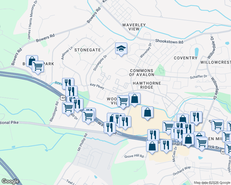 map of restaurants, bars, coffee shops, grocery stores, and more near 1435 Key Parkway in Frederick