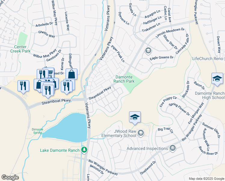 map of restaurants, bars, coffee shops, grocery stores, and more near 1965 Wind Ranch Road in Reno