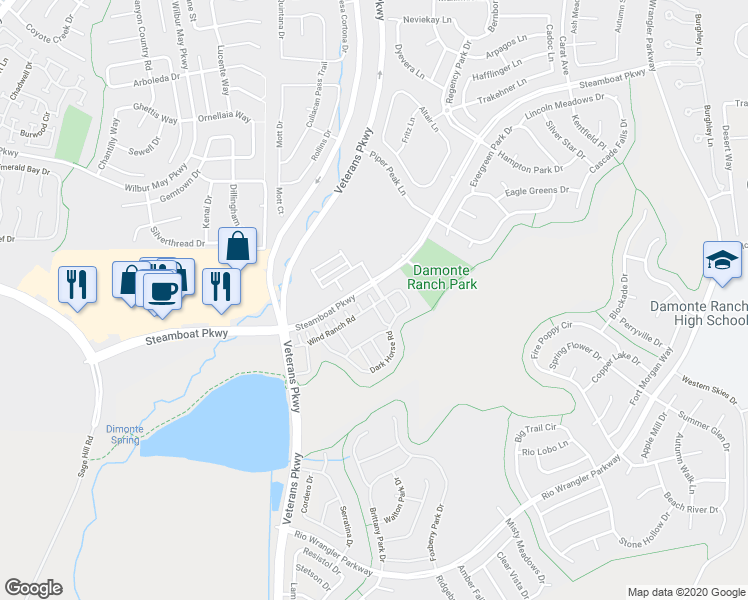 map of restaurants, bars, coffee shops, grocery stores, and more near 1999 Wind Ranch Road in Reno