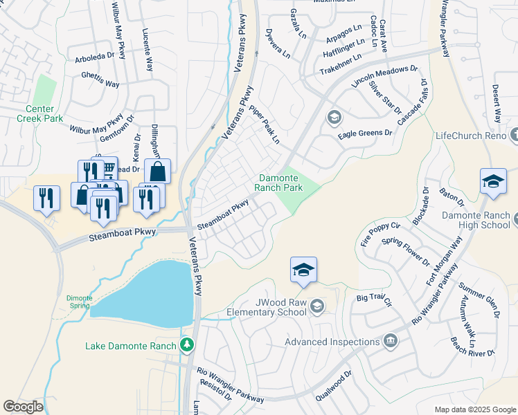 map of restaurants, bars, coffee shops, grocery stores, and more near 2045 Wind Ranch Road in Reno