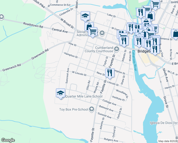 map of restaurants, bars, coffee shops, grocery stores, and more near 98 New Street in Bridgeton