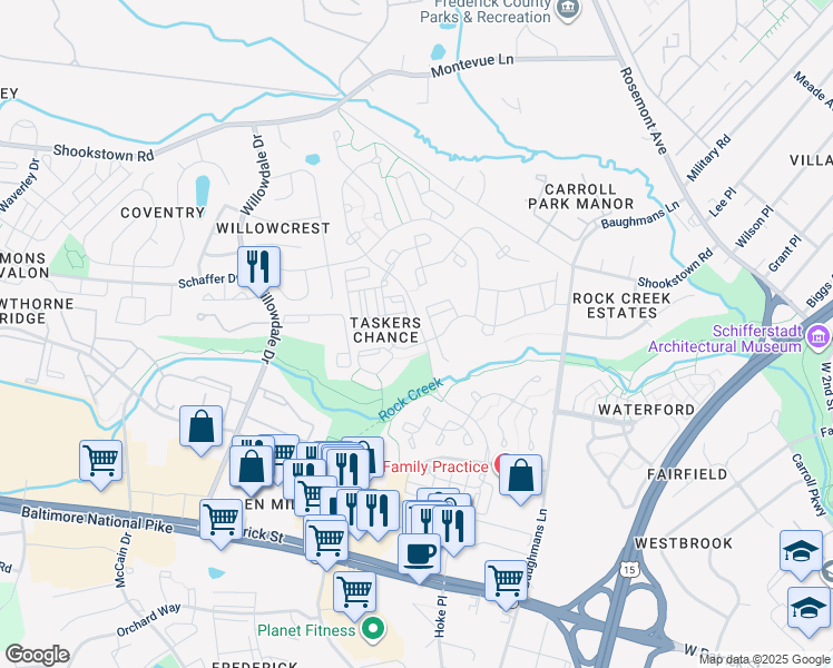 map of restaurants, bars, coffee shops, grocery stores, and more near 1000 Park Ridge Court in Frederick