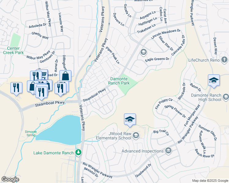 map of restaurants, bars, coffee shops, grocery stores, and more near 1999 Wind Ranch Road in Reno
