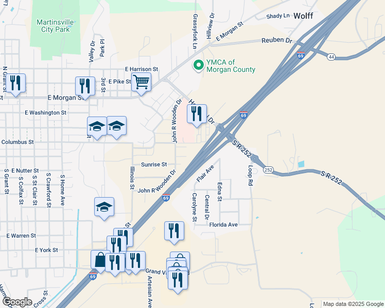 map of restaurants, bars, coffee shops, grocery stores, and more near 1959 East Columbus Street in Martinsville
