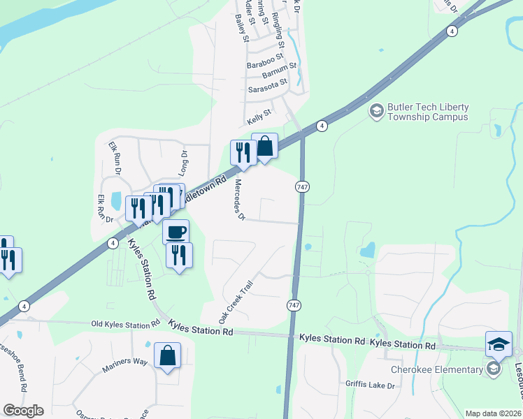 map of restaurants, bars, coffee shops, grocery stores, and more near 5151 Porsche Drive in Butler County