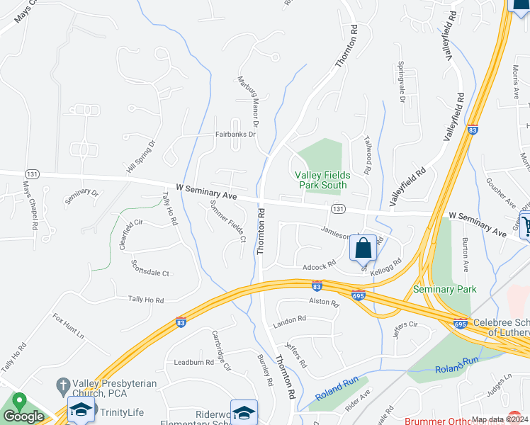 map of restaurants, bars, coffee shops, grocery stores, and more near 8423 Thornton Road in Lutherville-Timonium