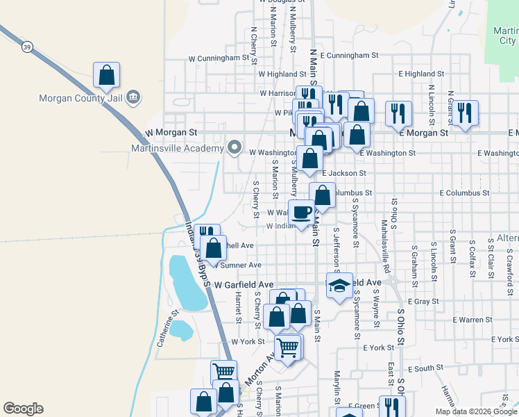 map of restaurants, bars, coffee shops, grocery stores, and more near 250 South Marion Street in Martinsville