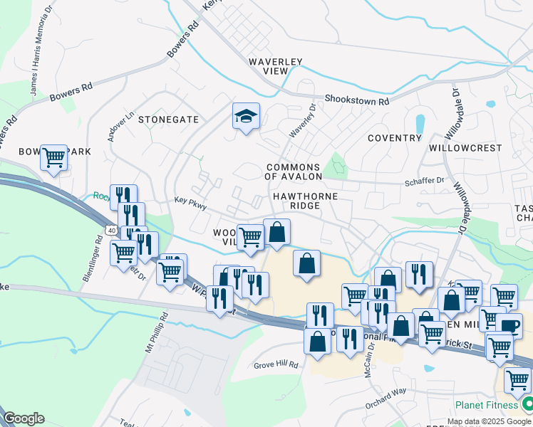 map of restaurants, bars, coffee shops, grocery stores, and more near 1407 Key Parkway in Frederick