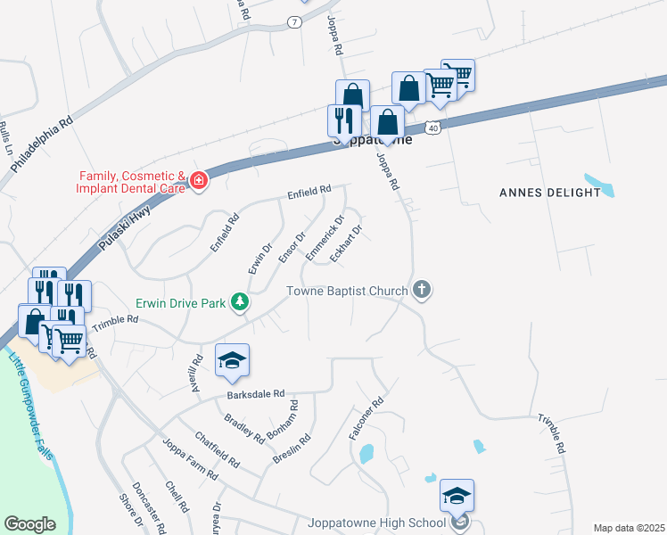 map of restaurants, bars, coffee shops, grocery stores, and more near 509 Eckhart Drive in Harford County