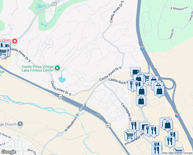 map of restaurants, bars, coffee shops, grocery stores, and more near 5108 Pine River Trail in Castle Rock