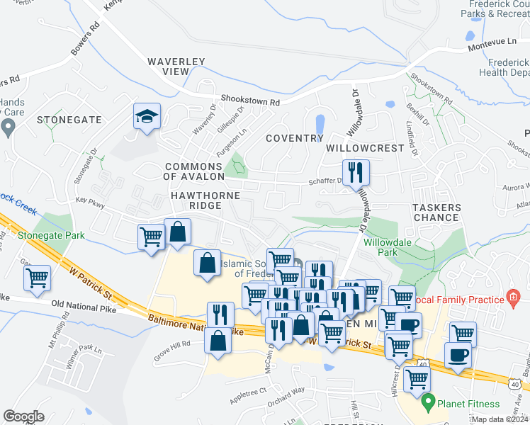 map of restaurants, bars, coffee shops, grocery stores, and more near 86 Victoria Square in Frederick