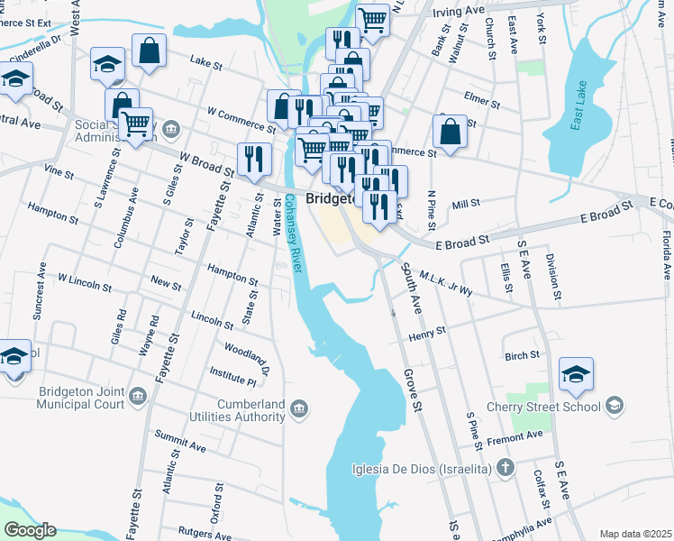 map of restaurants, bars, coffee shops, grocery stores, and more near 1 Glass Street in Bridgeton