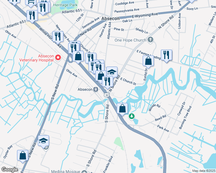 map of restaurants, bars, coffee shops, grocery stores, and more near 102 New Jersey Avenue in Absecon