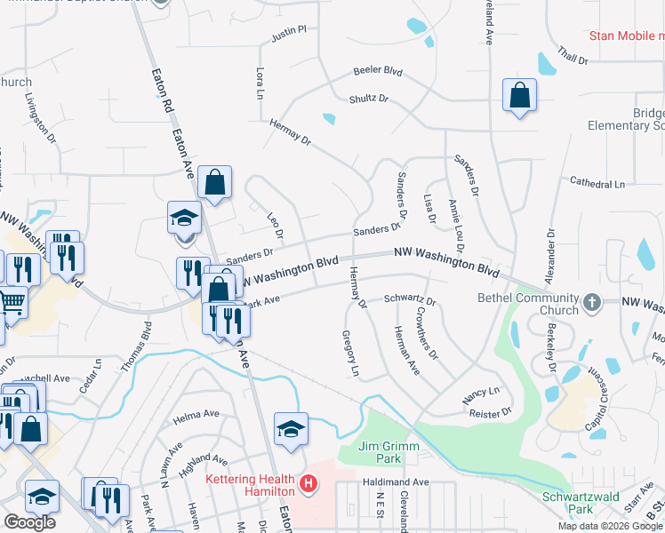 map of restaurants, bars, coffee shops, grocery stores, and more near 1641 Northwest Washington Boulevard in Hamilton