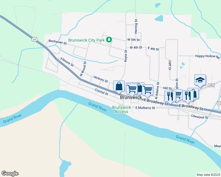 map of restaurants, bars, coffee shops, grocery stores, and more near 100-108 N Taylor St in Brunswick