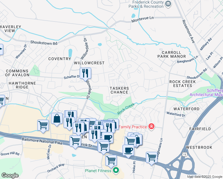 map of restaurants, bars, coffee shops, grocery stores, and more near 121 Heathfield Drive in Frederick