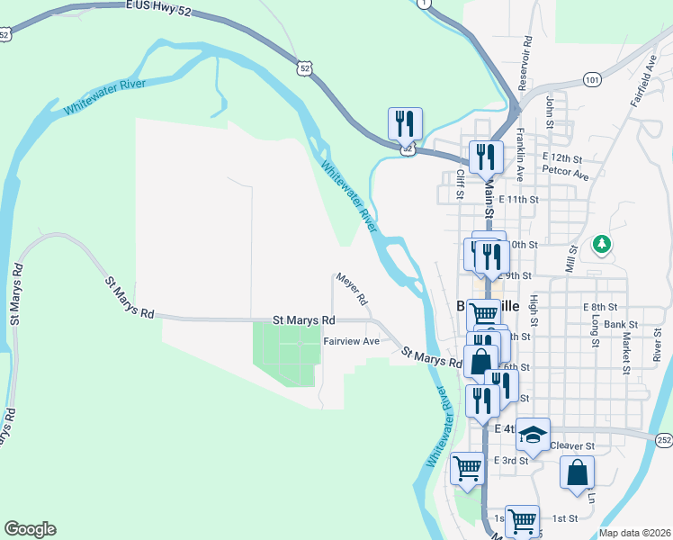 map of restaurants, bars, coffee shops, grocery stores, and more near 9031 West Road in Brookville