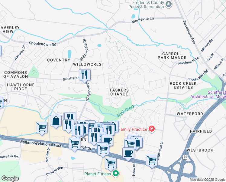 map of restaurants, bars, coffee shops, grocery stores, and more near 115 Heathfield Drive in Frederick