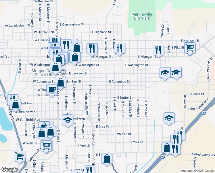 map of restaurants, bars, coffee shops, grocery stores, and more near 259 South Lincoln Street in Martinsville