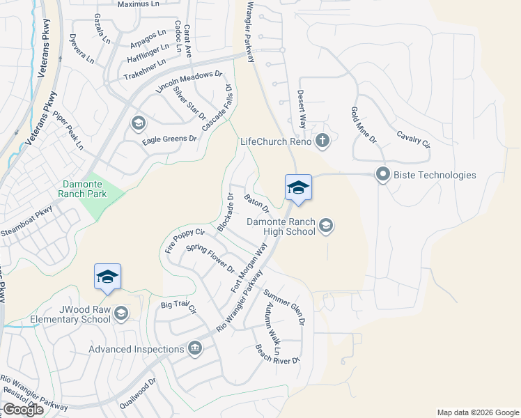 map of restaurants, bars, coffee shops, grocery stores, and more near 2590 Baton Drive in Reno