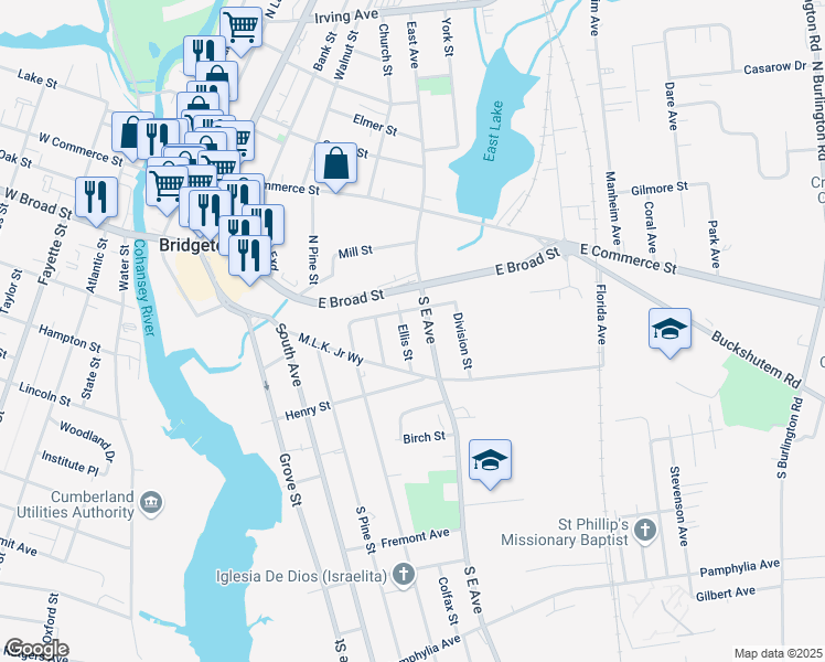 map of restaurants, bars, coffee shops, grocery stores, and more near 16-18 Ellis Street in Bridgeton