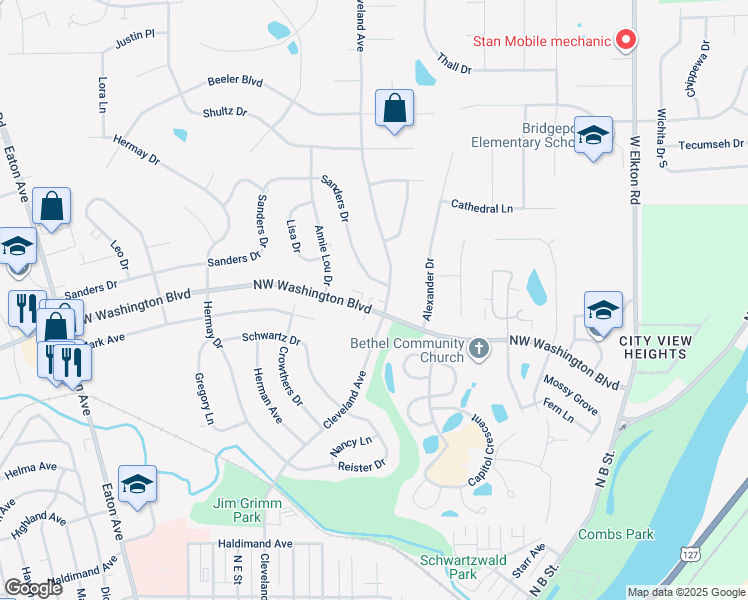map of restaurants, bars, coffee shops, grocery stores, and more near 1866 Northwest Washington Boulevard in Hamilton