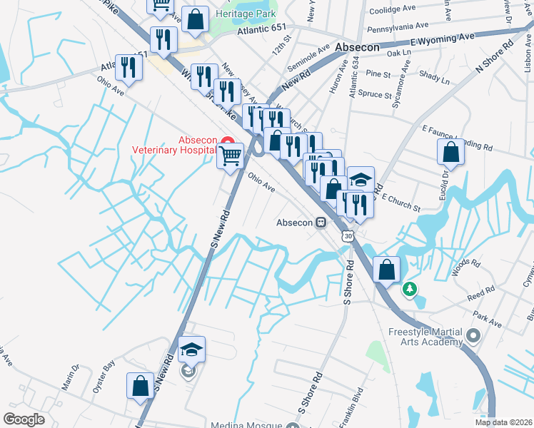 map of restaurants, bars, coffee shops, grocery stores, and more near 230 Showellton Avenue in Absecon