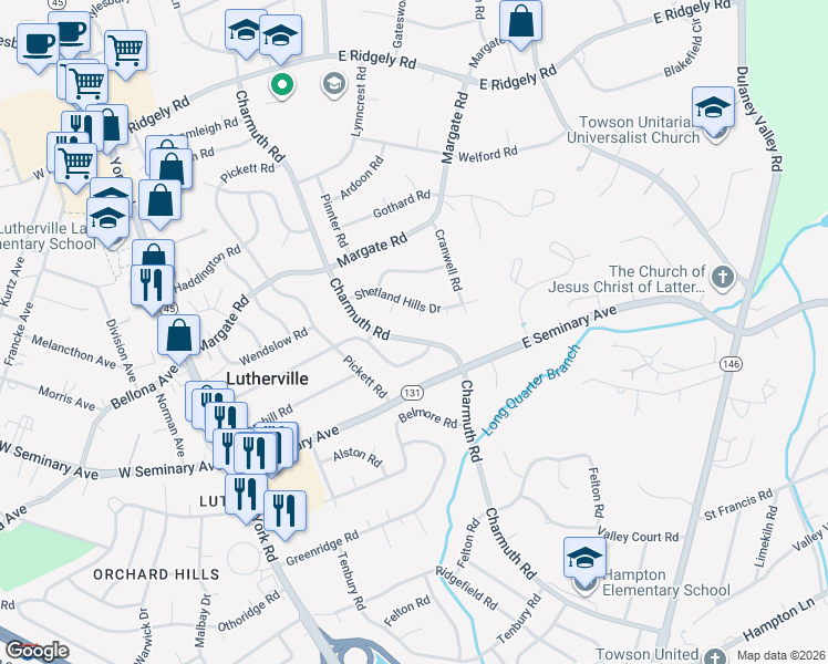 map of restaurants, bars, coffee shops, grocery stores, and more near 1517 Charmuth Road in Lutherville-Timonium
