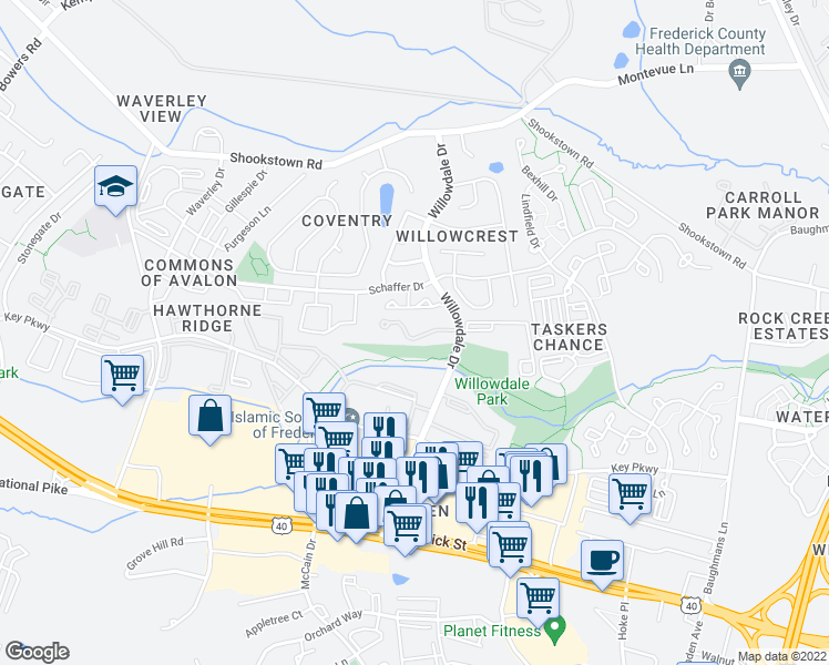 map of restaurants, bars, coffee shops, grocery stores, and more near 1200 Little Brook Drive in Frederick