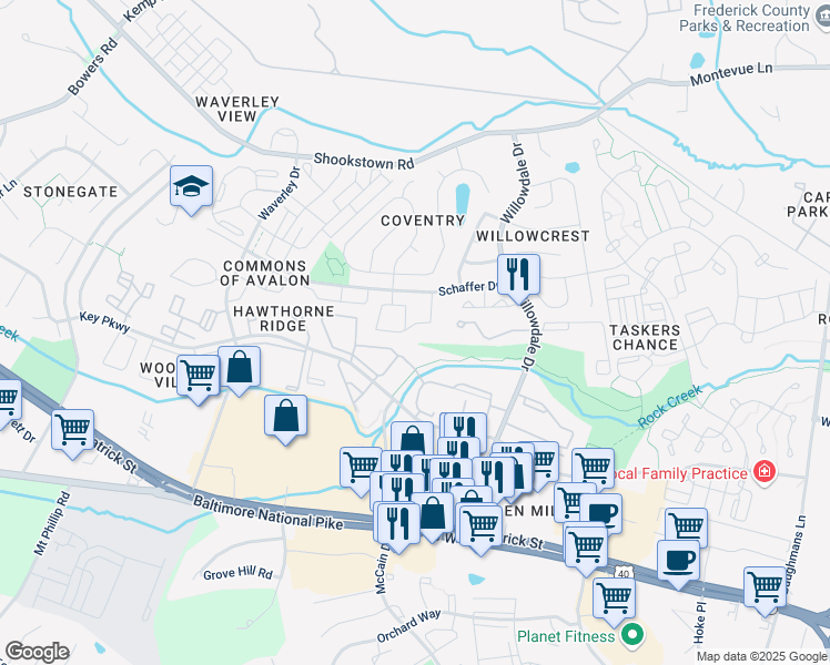 map of restaurants, bars, coffee shops, grocery stores, and more near 46 Victoria Square in Frederick