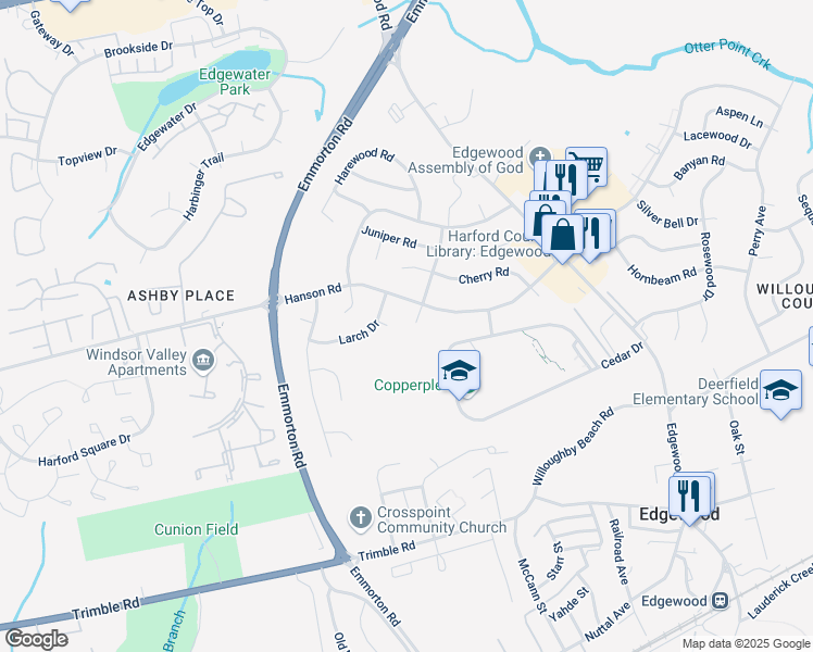map of restaurants, bars, coffee shops, grocery stores, and more near 602 Tupelo Ct in Edgewood