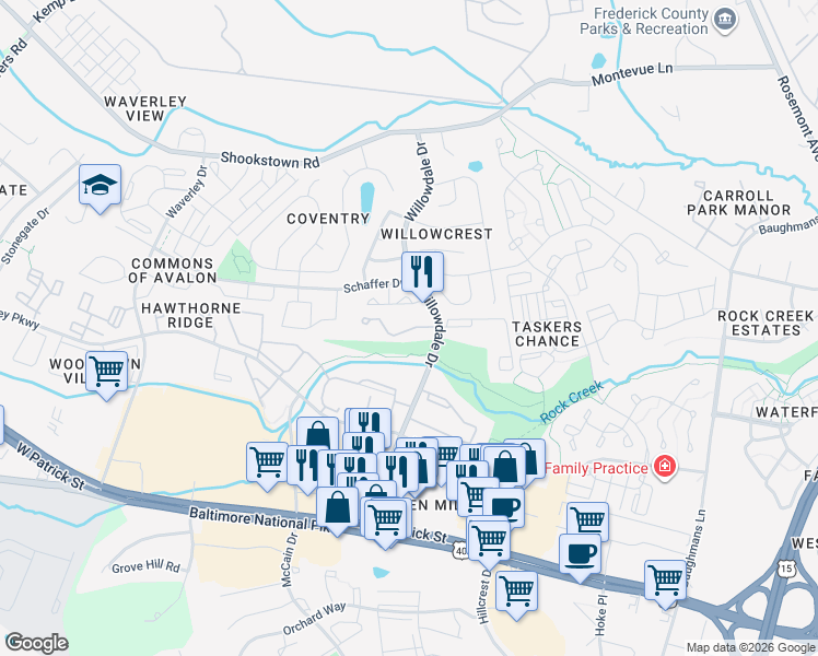 map of restaurants, bars, coffee shops, grocery stores, and more near 1201 Little Brook Drive in Frederick