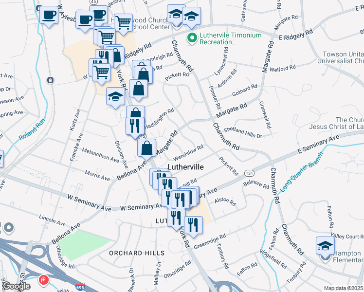 map of restaurants, bars, coffee shops, grocery stores, and more near 1505 Melton Road in Lutherville