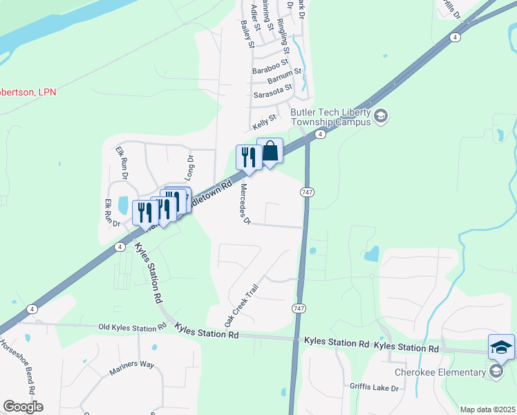 map of restaurants, bars, coffee shops, grocery stores, and more near 5151 Porsche Drive in Hamilton