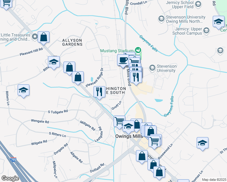 map of restaurants, bars, coffee shops, grocery stores, and more near 39 Straw Hat Road in Owings Mills