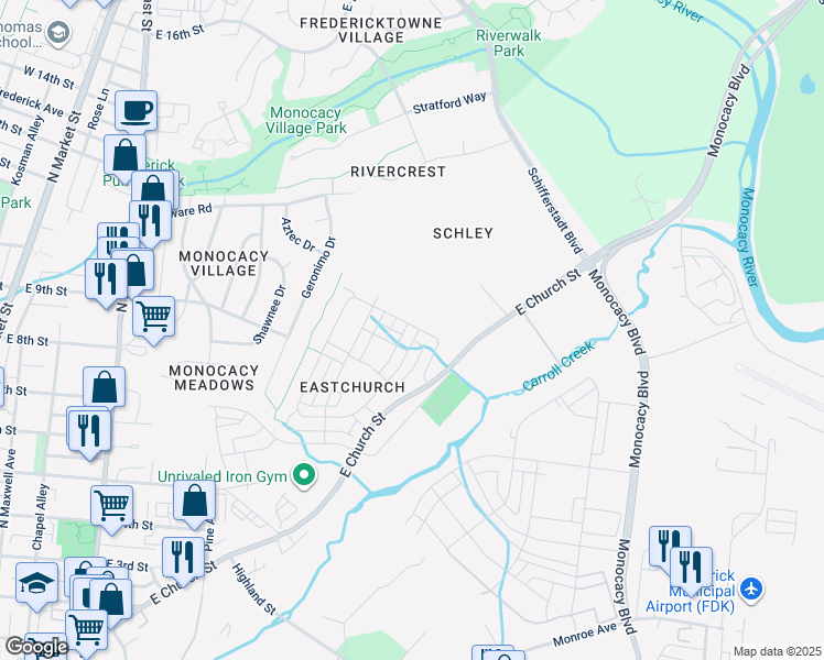 map of restaurants, bars, coffee shops, grocery stores, and more near 1167 Holden Road in Frederick