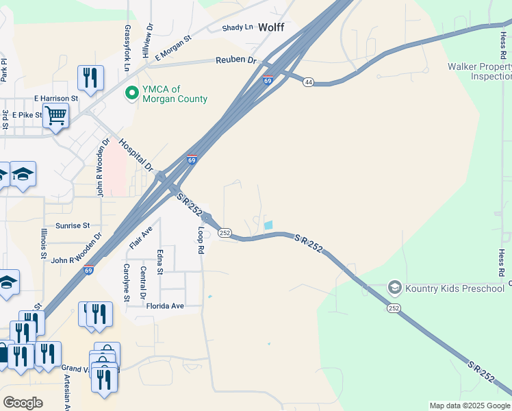 map of restaurants, bars, coffee shops, grocery stores, and more near 332 252 Lane in Martinsville