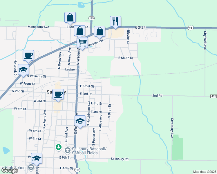 map of restaurants, bars, coffee shops, grocery stores, and more near 599 E Front St in Salisbury