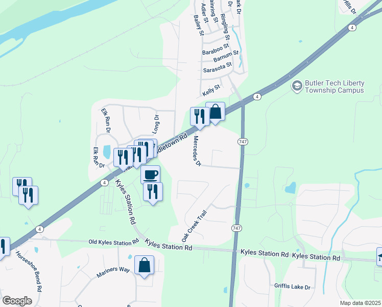 map of restaurants, bars, coffee shops, grocery stores, and more near 4911 Mercedes Drive in Butler County